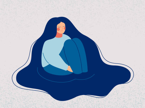 Depressed woman wallows in her sad thoughts. Depressed woman wallows in her sad thoughts. Upset woman sits in a puddle full of tears, her hands clasped around her ankles, immersed herself in sorrow recollections. Vector illustration nostalgia illustrations stock illustrations