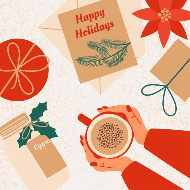 ilustrações de stock, clip art, desenhos animados e ícones de christmas and new year cozy composition with human hands hold mug with eggnog surrounded by gifts, greeting cards with wishes happy holidays, bottle with eggnog. - christmas table