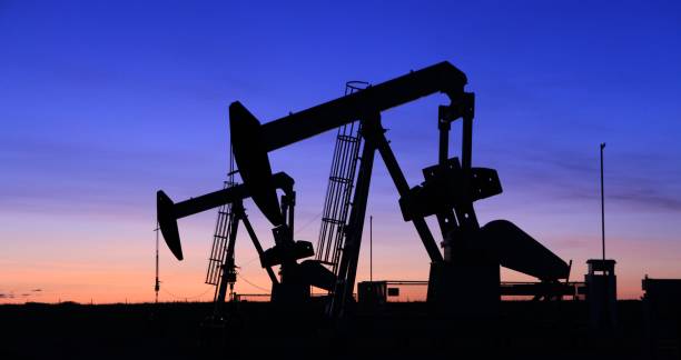 istock Oil pumpjacks at dawn 1183295132