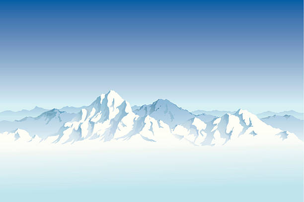 Landscape of a snowy mountain range Vector illustration of a snow covered mountain range on a bright sunny day with a bright blue sky and pristine looking mountains. It uses simple linear gradients and fills so can be simply edited if necessary. snowcapped mountain stock illustrations