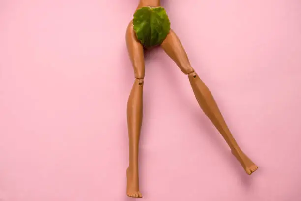 legs of a plastic doll with a green leaf covering the crotch on a pastel pink background