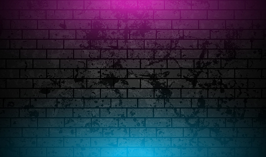 Grunge brick wall with blue purple neon illumination abstract background. Vector retro design