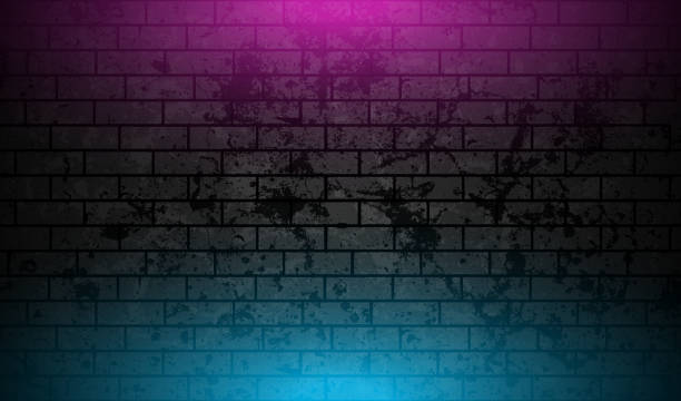 Grunge brick wall with blue purple neon illumination abstract background Grunge brick wall with blue purple neon illumination abstract background. Vector retro design brick wall stock illustrations