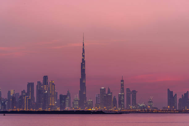 Amazing view of Burj Khalifa, World Tallest Tower along with downtown skyscrapers. A view from Dubai Creek Harbour. stock photo