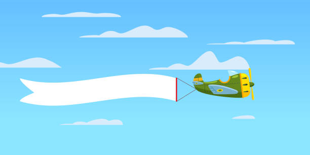 istock Red retro airplane aircraft with advertising banner ribbon in the cloudy sky. Vector isolated illustration 1183299536