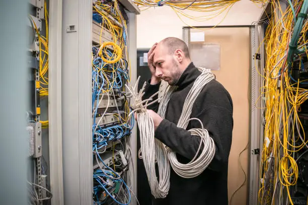 A sad, puzzled technician took a hand on his head. A specialist wrapped in wires does not know how to solve the problem. A man with many cables works in the server room of the data center