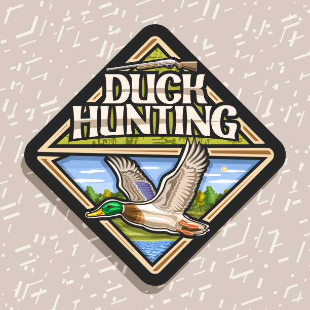 Vector sign for Duck Hunting Vector sign for Duck Hunting, decorative rhomb tag with illustration of flying male duck on trees background and old rifle, trendy signage for hunt club with original lettering for words duck hunting. mallard duck stock illustrations