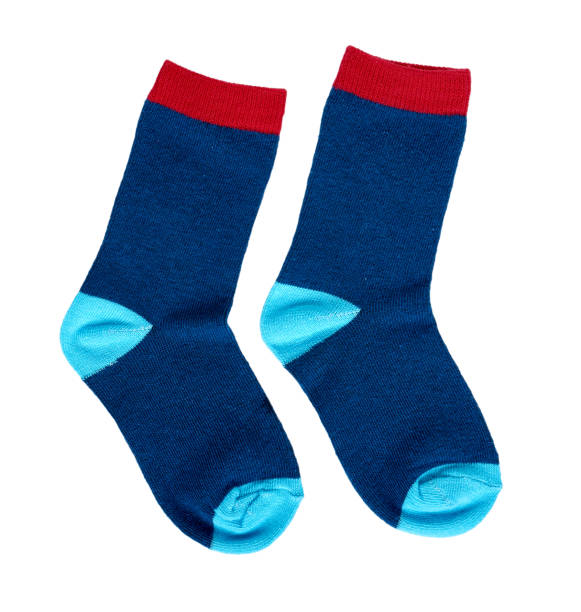 Blue cotton socks, kids foot clothing. Cute childs wear. stock photo