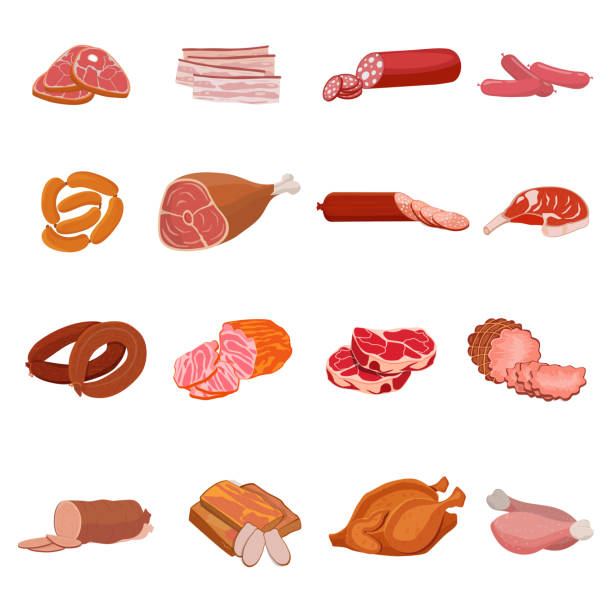 zestaw produktów mięsnych. pieczony kurczak i żeberka, kiełbasa, salami i szynka, sirlon, boczek, sucuk i wędzone mięso, indyk i t-bone stek. ilustracja wektorowa. - meat steak sausage salami stock illustrations
