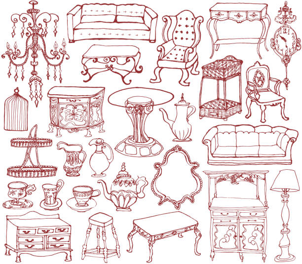 vintage furniture and accessories. hand drawn illustrations. vintage furniture and accessories. chest furniture stock illustrations