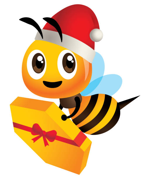 Merry Christmas. Happy cute bee wearing Christmas hat and carrying a Christmas honey gift. - vector character Merry Christmas. Happy cute bee wearing Christmas hat and carrying a Christmas honey gift. - vector character bike hand signals stock illustrations