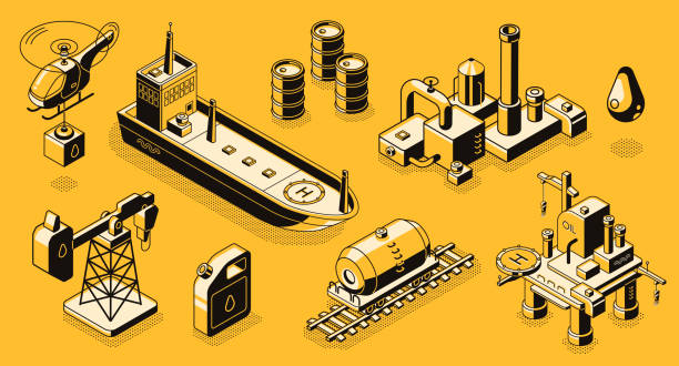 obiekty przemysłu naftowego izometryczne ikony wektorowe zestaw - helicopter air vehicle business cargo container stock illustrations