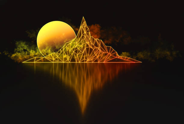 istock Abstract futuristic dark background with low poly image of mountain and its reflection and moon with clouds 3D illustration 1183311760