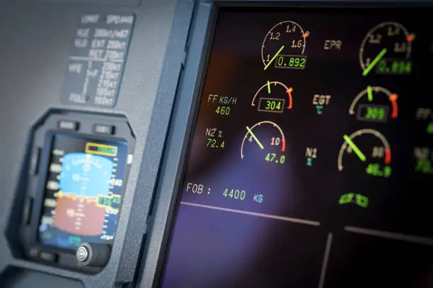 close-up showing the main engine instruments and standby artificial horizon of an Airbus A320