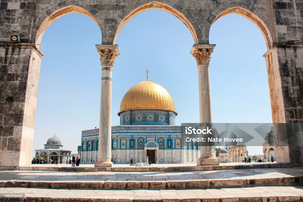 Old Arabic Arches at the Entrance of the Dome of the Rock - Jerusalem, Israel Wide exterior shot of the Dome of the Rock in Jerusalem's Old City - Jerusalem, Israel Jerusalem Stock Photo