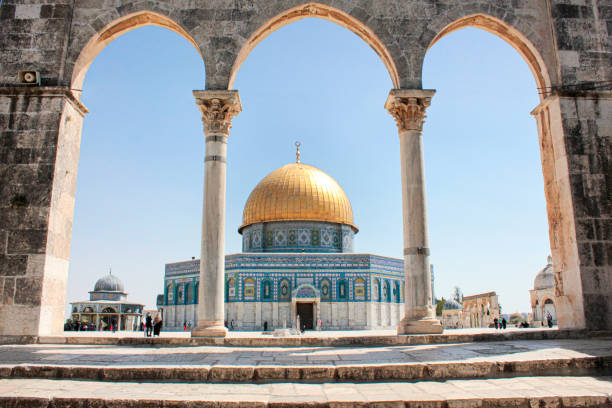 Old Arabic Arches at the Entrance of the Dome of the Rock - Jerusalem, Israel Wide exterior shot of the Dome of the Rock in Jerusalem's Old City - Jerusalem, Israel east jerusalem stock pictures, royalty-free photos & images