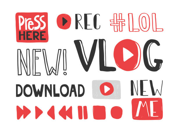 istock Here, press, button, vlog, download, new, me, lol, hashtag, record. Sticker for social media content. Vector hand drawn collection set illustration design. 1183317722