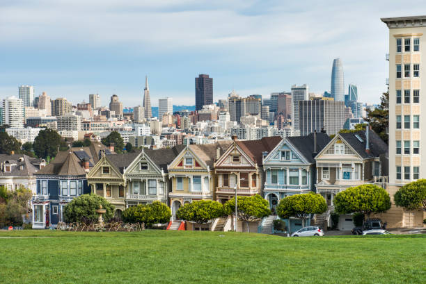 Painted Ladies, San Francisco Skyline Painted Ladies (houses in San Francisco) in front of the city's skyline, green grass in the foreground san francisco bay area built structure street city street stock pictures, royalty-free photos & images