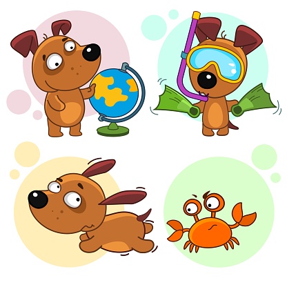 Set of children's illustrations for children and design. A dog with a globe is planning a rest, in an underwater mask and with flippers, running away from an evil crab that tweaks claws.