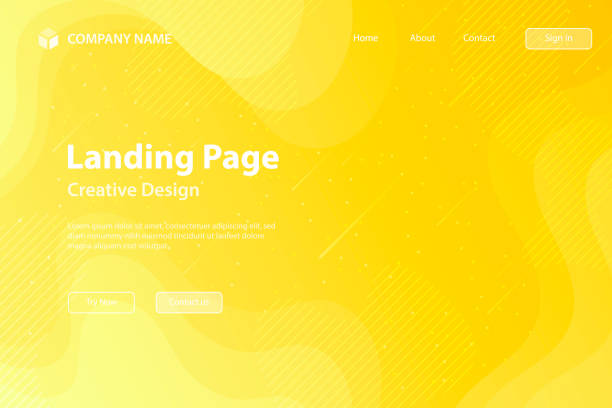 Landing page Template - fluid and geometric shapes composition - Yellow Gradient Landing page template for your website with a modern and trendy background. Beautiful starry sky with fluid, geometric and gradient shapes. This illustration can be used for your design, with space for your text (colors used: Yellow, Orange). Vector Illustration (EPS10, well layered and grouped), wide format (3:2). Easy to edit, manipulate, resize or colorize. yellow background stock illustrations