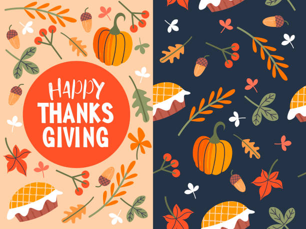 Happy thanksgiving. Greeting card, holiday banner. Vector illustration. Thanksgiving holiday card. A congratulatory banner. Autumn leaves, orange pumpkins, birthday cake, berries and acorns. Vector illustration. Seamless pattern. thanksgiving background stock illustrations