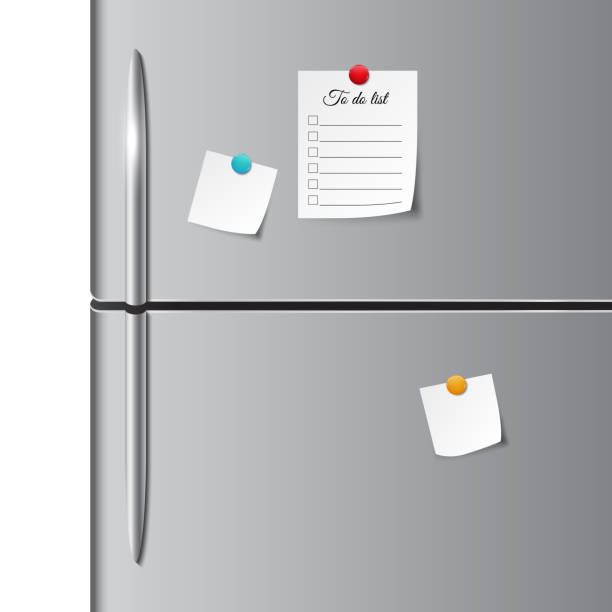 Fridge doors and empty paper note, sticker, and to do list Vector backgrounds with fridge door and to do list note on refrigerator door stock illustrations