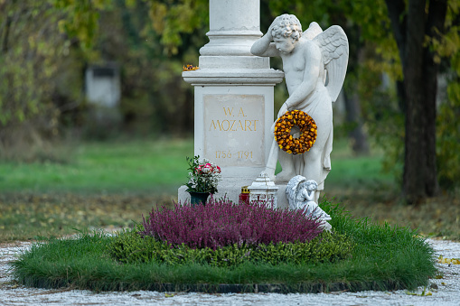 The gravestone of Wolfgang Amadeus Mozart in St. Marx Cemetery (vienna, Austria). This is the original place where the famous Austrian composer was buried.