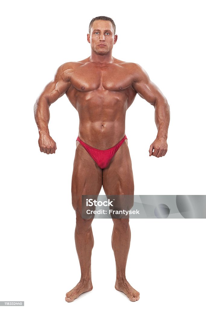 숫나사 Bodybuilder 보여주는 자세, 격리됨에 - 로열티 프리 근육질 남자 스톡 사진