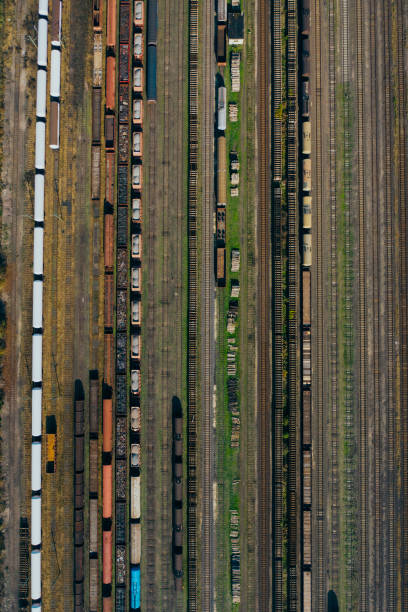 istock Top view of colorful cargo trains. 1183324959