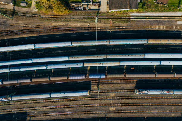 istock Top view of colorful cargo trains. 1183324974