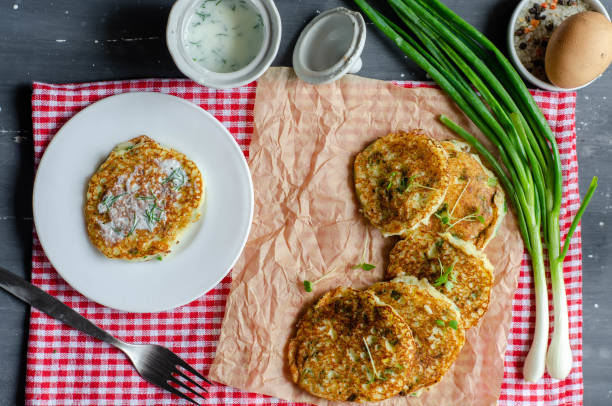 istock Healthy rice flour pancakes with eggs and green onion 1183325100