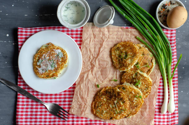 istock Healthy rice flour pancakes with eggs and green onion 1183325128