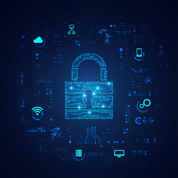 cyber security concept of cyber security, shape of padlock with digital technology element antivirus software stock illustrations