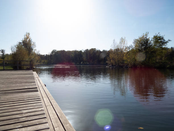 istock River bank with small wooden pier 1183327591