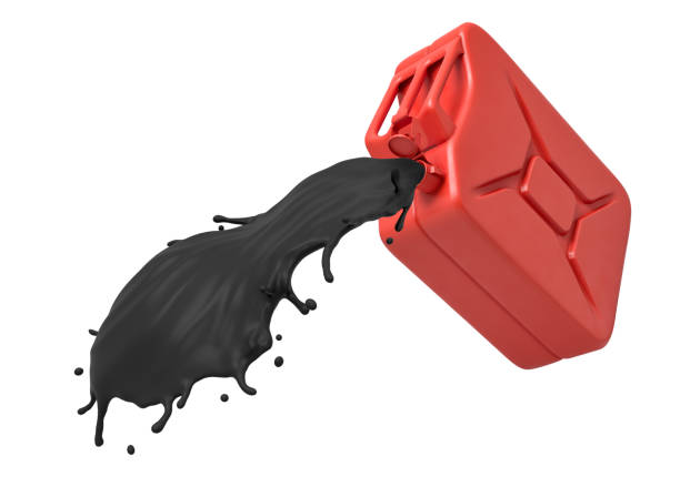 renderizado 3d de lata de gasolina roja con aceite negro vertido aislado sobre fondo blanco - old station natural gas russia fotografías e imágenes de stock