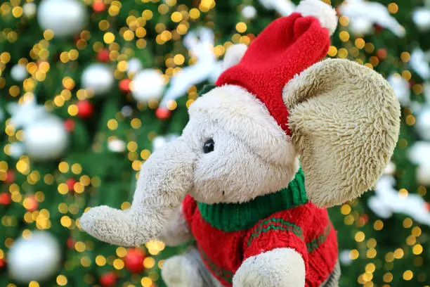 Photo of Adorable Elephant doll with Santa Hat in front of Glittering Christmas Tree
