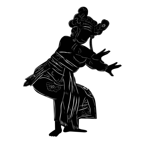 illustrazioni stock, clip art, cartoni animati e icone di tendenza di semplice disegno a mano vettoriale schizzo e silhouette della giovane ragazza tradizionale bali indonesia ballerina - danza del legong immagine
