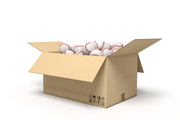 3d rendering of baseballs in carton box. Sports equipment. Gym supplies. Sporting goods.