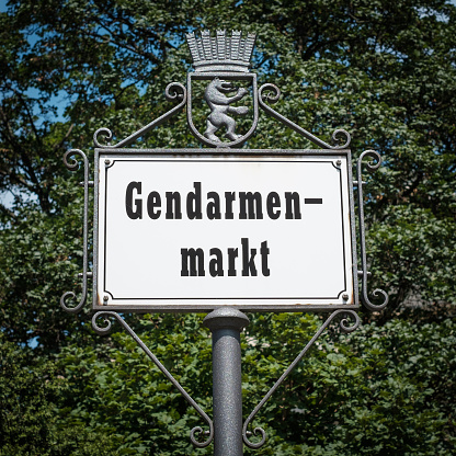 Berlin, Germany - june 2018: Gendarmenmarkt sign at historic square  in Berlin, Germany