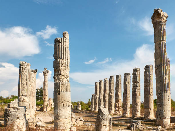 Corynthian columns of Zeus Olbios Temple, ancient Anatolian architecture of the Hellenistic period Corynthian columns of Zeus Olbios Temple, ancient Anatolian architecture of the Hellenistic period in the Roman province of Isauria, in present-day Uzuncaburc, Silifke, Mersin province, Turkey uzuncaburc stock pictures, royalty-free photos & images