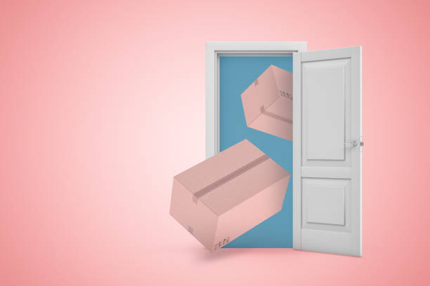 istock 3d rendering of cardboard boxes in white open doorway on light pink background 1183335946