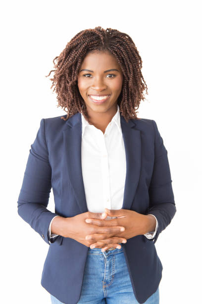 istock Happy joyful female agent posing with clasped hands 1183336057