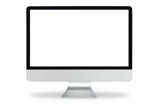 Computer display with blank white screen, "nComputer monitor isolated on white background with clipping path.