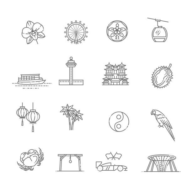 singapur-symbol-set, dünne linie-symbol. singapur-symbole - singapore stock-grafiken, -clipart, -cartoons und -symbole