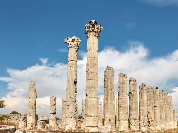 Corynthian columns of Zeus Olbios Temple, ancient Anatolian architecture of the Hellenistic period Corynthian columns of Zeus Olbios Temple, ancient Anatolian architecture of the Hellenistic period in the Roman province of Isauria, in present-day Uzuncaburc, Silifke, Mersin province, Turkey uzuncaburc stock pictures, royalty-free photos & images