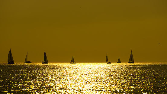 Orange sunset sky and sailboats