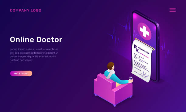 koncepcja izometryczna medycyny online, telemedycyna - cyberspace doctor healthcare and medicine prescription medicine stock illustrations