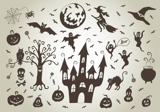 ilustraciones, imágenes clip art, dibujos animados e iconos de stock de conjunto de decoración de halloween: linterna de gato de calabaza, murciélago, araña y telaraña, persona, fantasmas, castillo espeluznante, árbol, gato persona, búho, caldero con poción, sombrero de persona, cráneo y huesos cruzados, luna llena. si - witch halloween cauldron bat