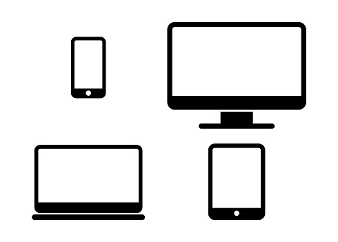 Different types of blank screens. Display icons set. Computer Screen, Tablet PC, Mobile Phone, laptop. Vector illustration image. Isolated on white background.