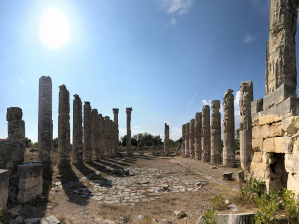 Panorama of Zeus Olbios Temple, ancient Anatolian architecture of the Hellenistic period Panorama of Zeus Olbios Temple, ancient Anatolian architecture of the Hellenistic period in the Roman province of Isauria, in present-day Silifke, Mersin province, Turkey uzuncaburc stock pictures, royalty-free photos & images